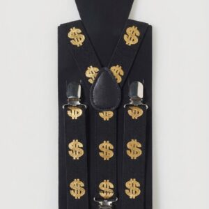 Suspenders with gold dollar sign design.